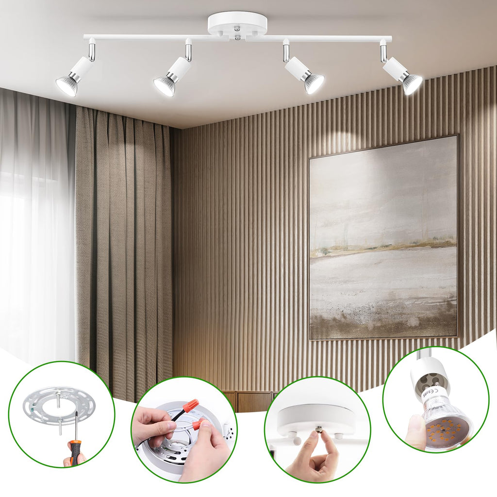 Track Lighting Kit, Modern White Ceiling Spot Lighting with Flexibly Rotatable Light Heads, 4 Track Lights