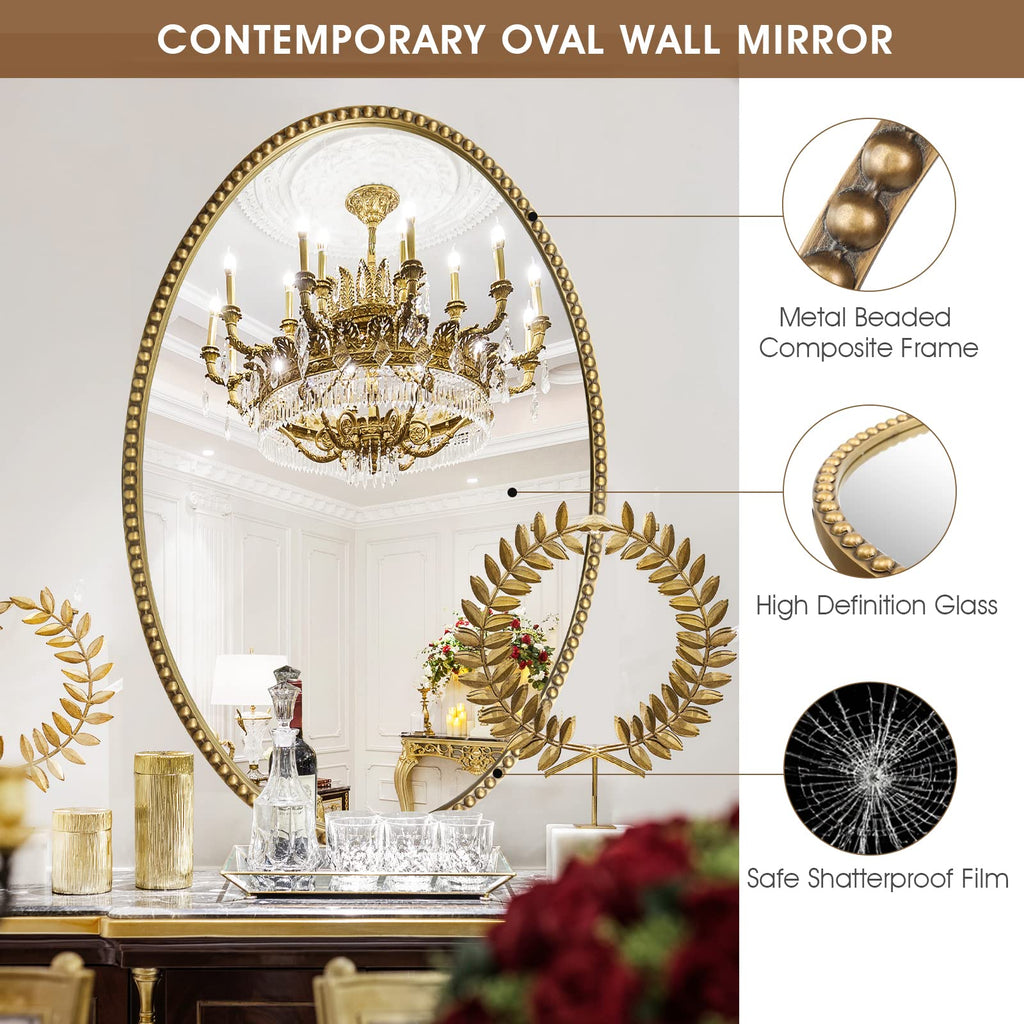 Oval Wall, 26"x39" Antique Gold Metal Beaded Frame Decorative Accent, Large Hanging Vanity