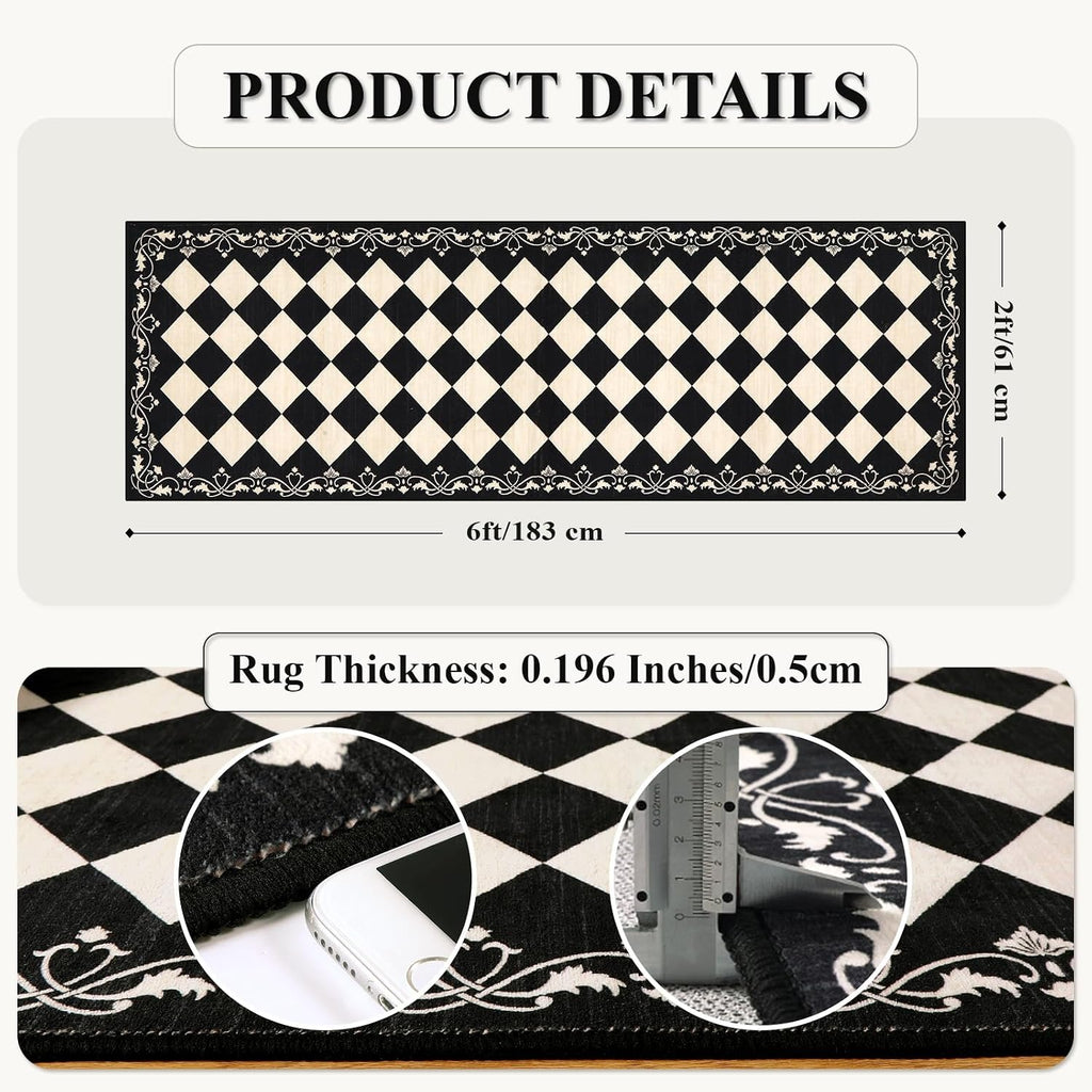 Checkered Bathroom Runner Rug, Black and White Washable Runners s Non Slip, Moroccan Trellis Rug for Besides