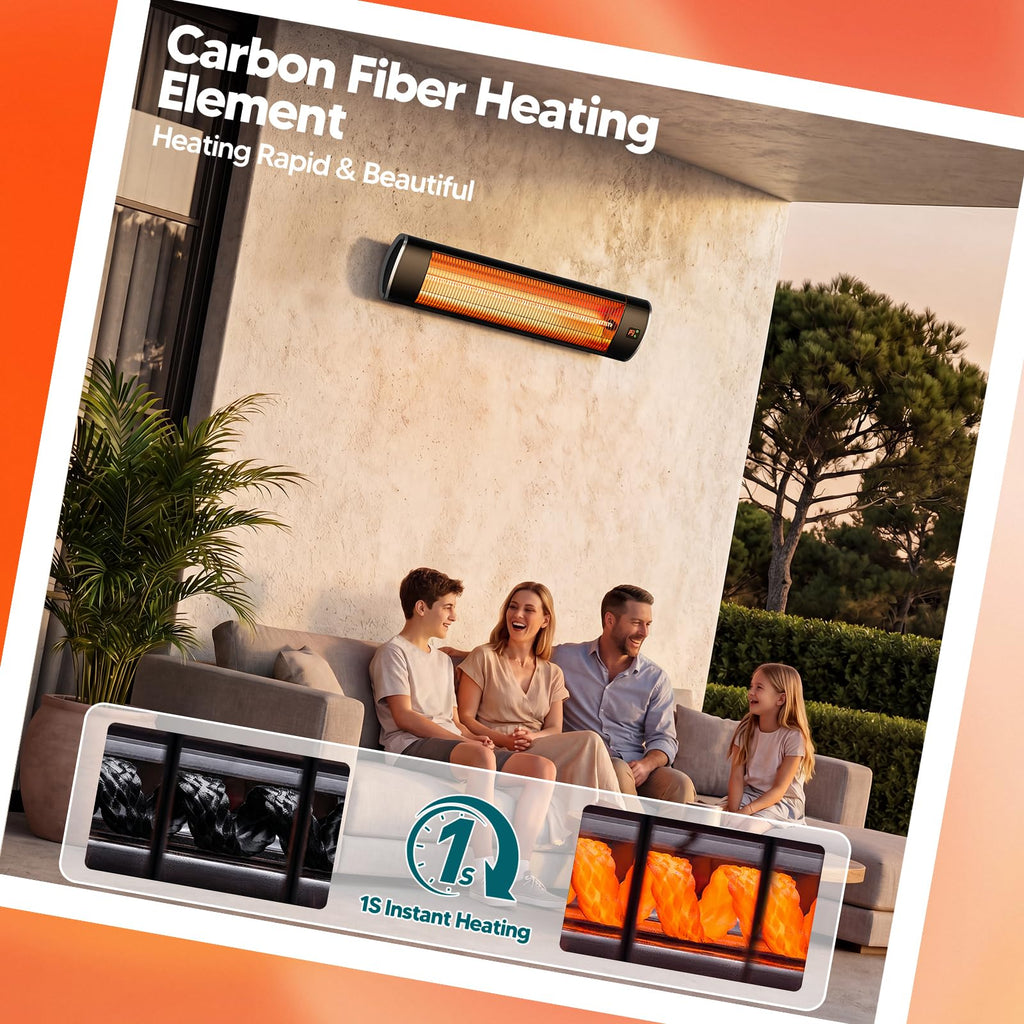 Wall-Mounted Electric Patio Heater for Outdoor, 1500W Infrared 3 Heat Levels, 24H Timers, 1s Heating Carbon Fiber