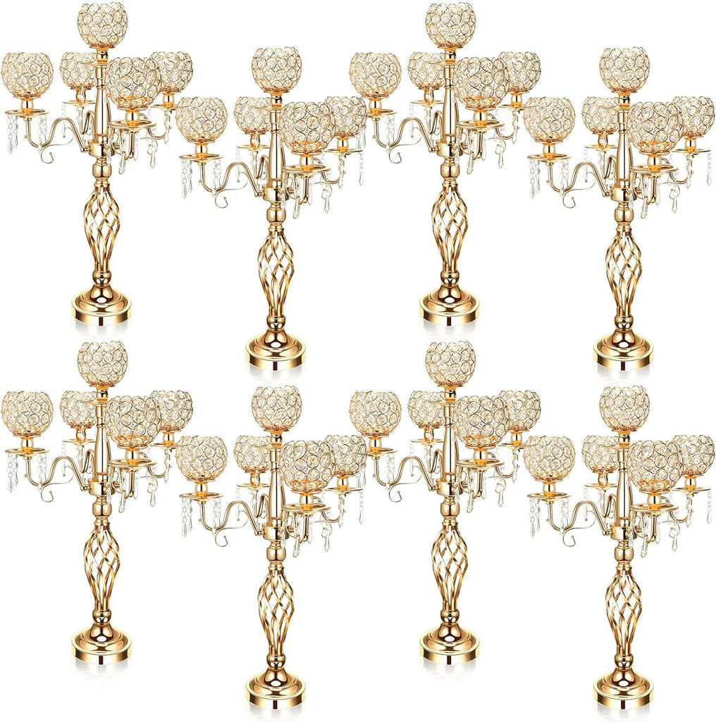 8 Pcs 5 Arm Crystal Candelabra Centerpieces for Table 27 Inch Retro Victorian Crystal Candle Holders Bowl Table