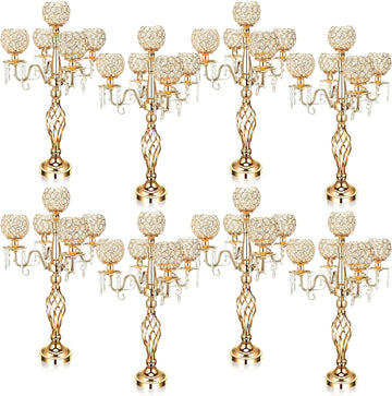 8 Pcs 5 Arm Crystal Candelabra Centerpieces for Table 27 Inch Retro Victorian Crystal Candle Holders Bowl Table