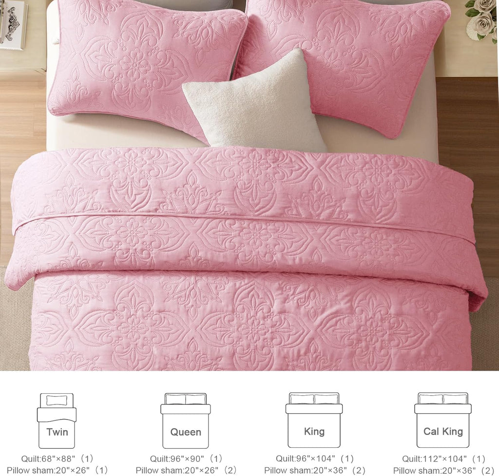 Soft Queen Quilt Bedding Set for All Seasons, Vintage Damask Ultrasonic Full Quilts Set, Lightweight Reversible