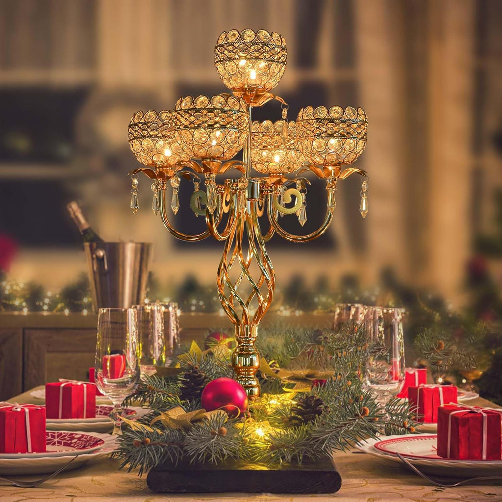 Elegant 5-Arm Candelabra Centerpiece with Crystal Pendants - 23.6 Inch Tall Table Centerpiece for Weddings, Parties