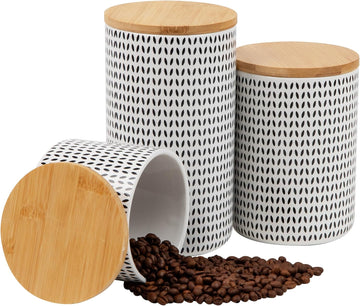 3-Piece Canister Set, Sugar Container, Coffee Storage, Lids, Kitchen, Ceramic, 4"L x 4"W x 7"H, Black and White