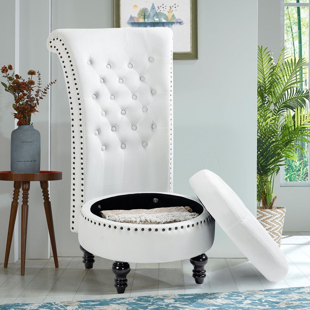 High Back Velvet Throne Chair with Storage & Nailhead Trim, White
