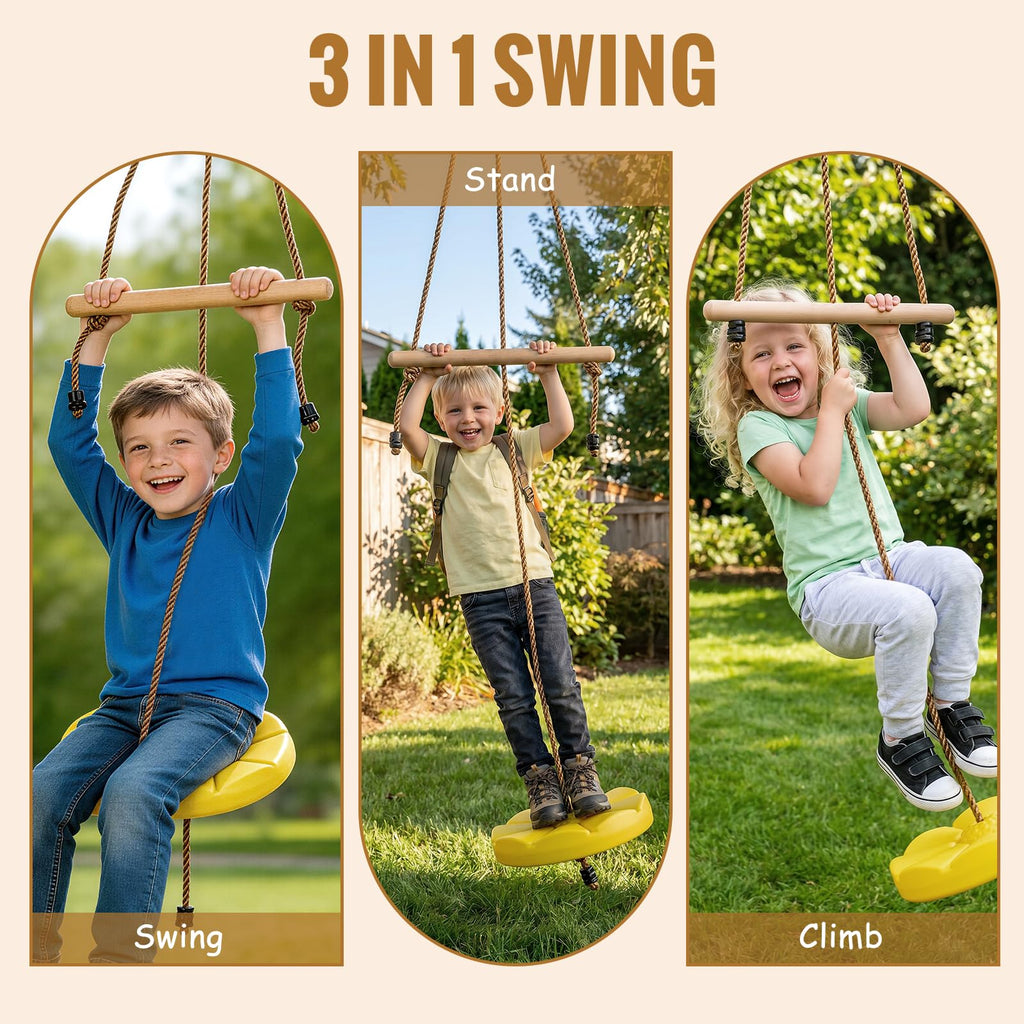 Disc Swing for Kids Outdoor Circle Tree Swings with Monkey Bars Yellow