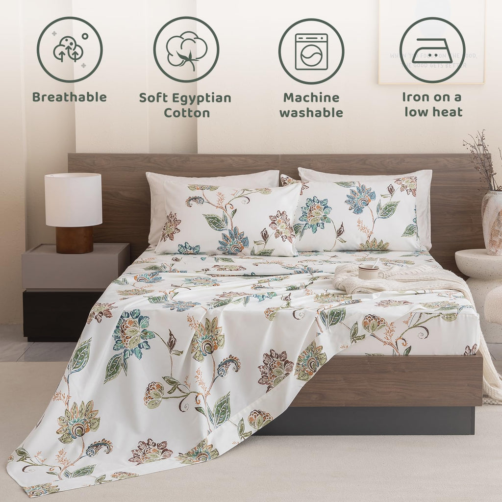 Floral Bed Sheets Queen Size - 100% Egyptian Cotton Sheets Elegant Botanical Leaves Flower Pattern Printed Bedding