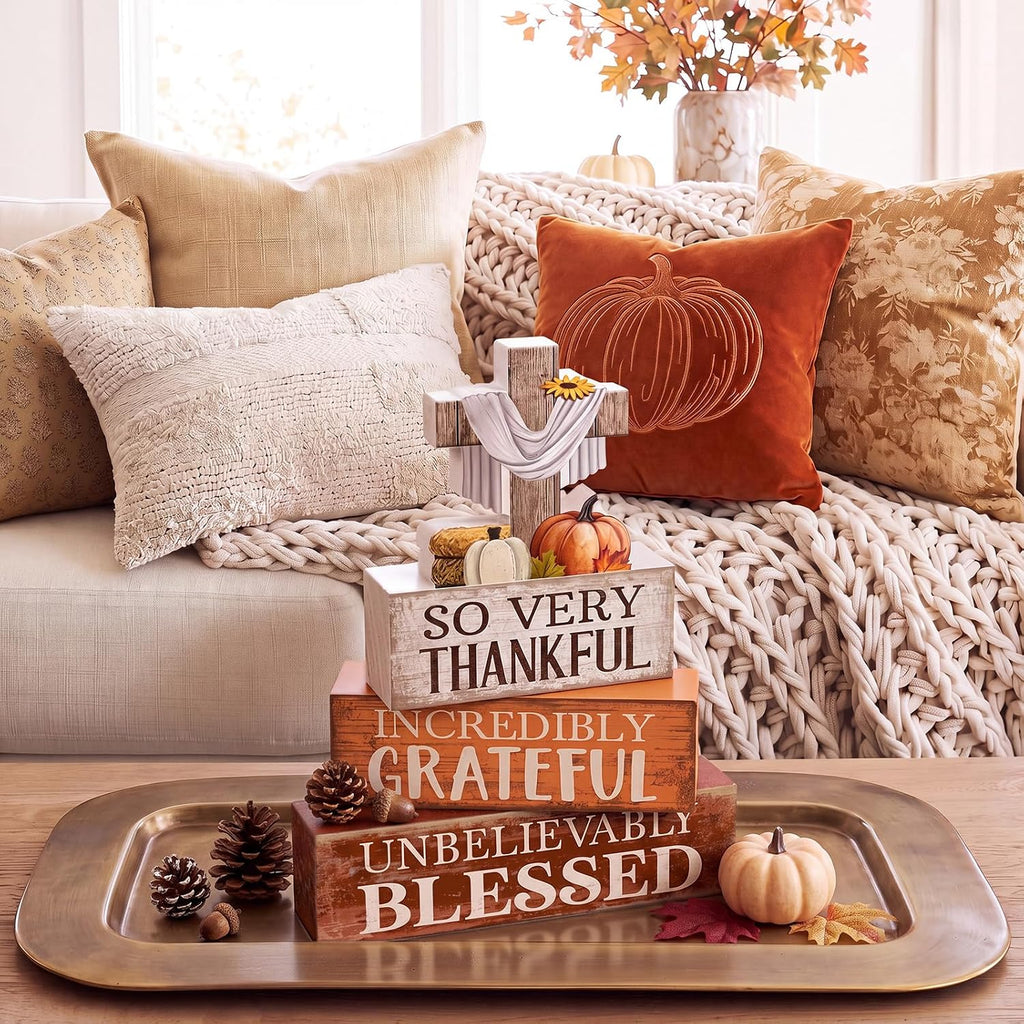 Fall Table Decoration Religious Cross Stacked Signs - Set of 4