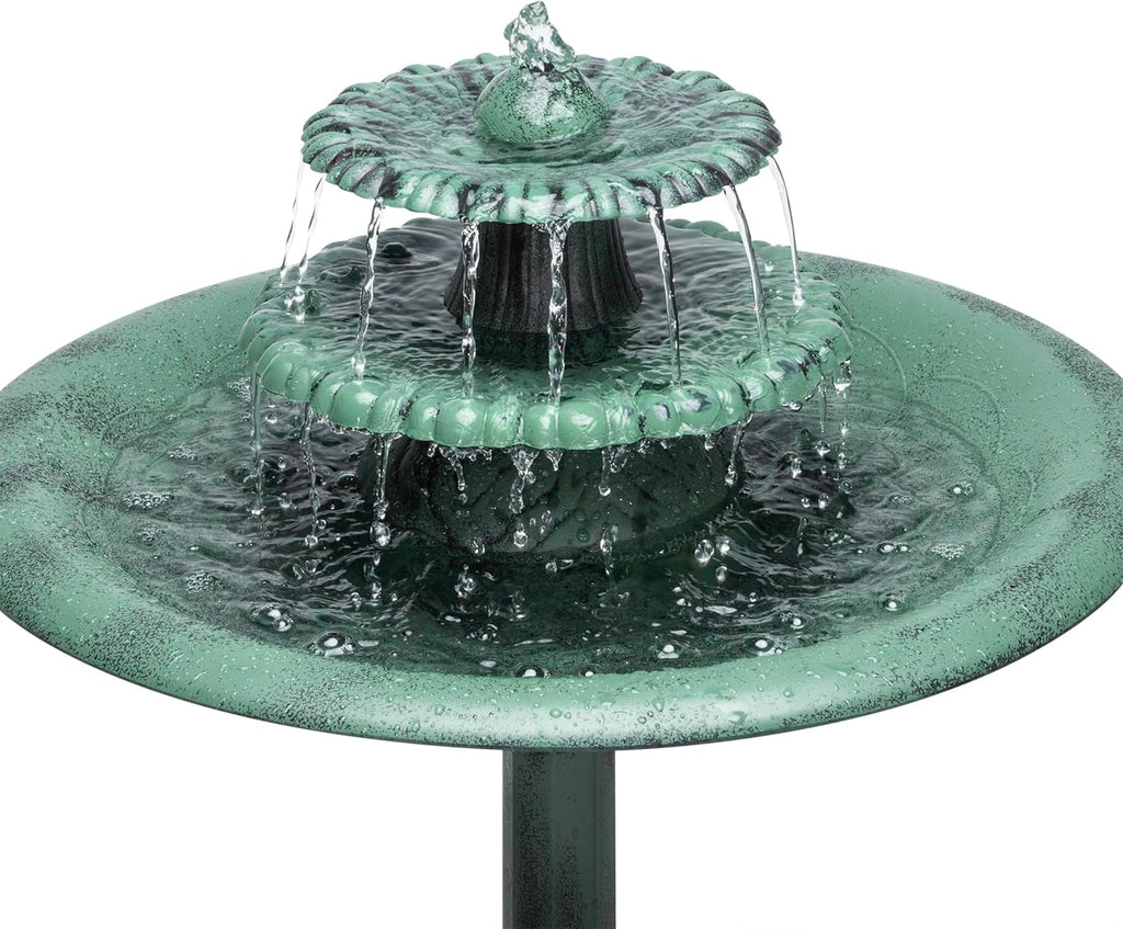 35" Tall 3-Tier Outdoor Pedestal Water Fountain - Durable Resin Cascading Water Feature and Birdbath, Green