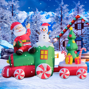 6FT Christmas Inflatables Train, Santa Claus and Snowman Drive Train Blow up Giant Yard Decoration, Outdoor Built-in
