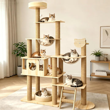 63.7-Inch Cat Tree for Indoor Cats Large Adult, 2 Space Capsule, 12 Sisal Scratching Posts, Top Perch, Toy Balls, Plush