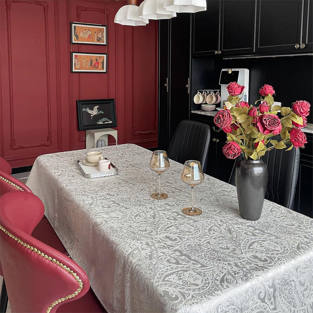 Jacquard Rectangle Tablecloth, Floral Design Thick Kitchen Dining Table Cloth, Waterproof Wrinkle Fr