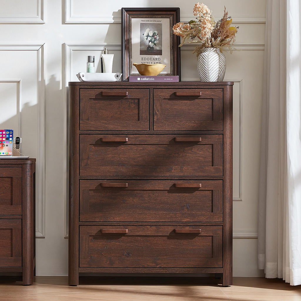 Farmhouse 5 Drawer Dressers, Walnut