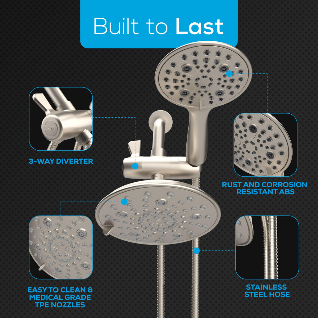Dual Shower Head, 8'' High Pressure Rainfall & Handheld, Nickel