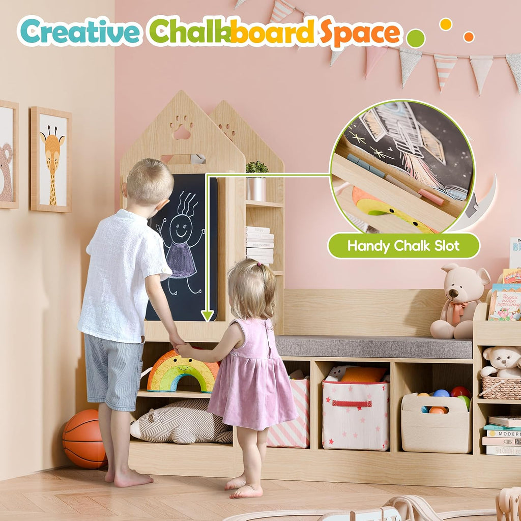 MU Kids Bookshelf with Reading Nook, Wooden Toy Storage Organizer with Chalkboard and Bench, Kids Reading Nook for