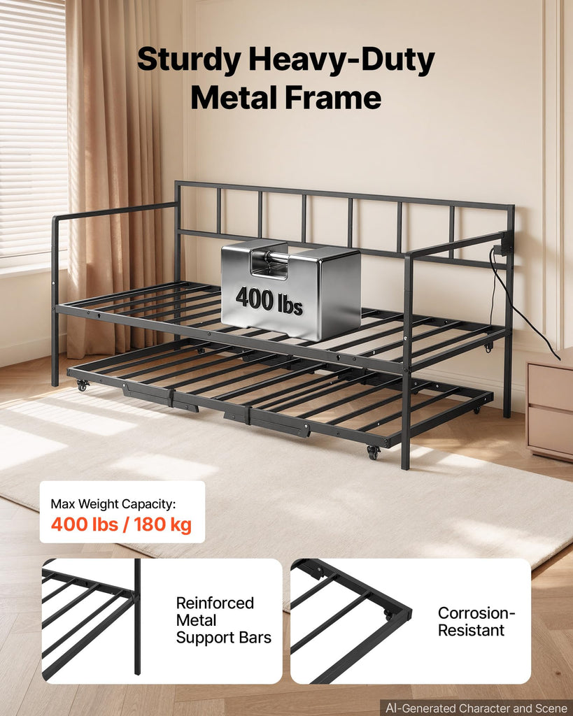 Twin Daybed with Pop Up Trundle Metal Charging Station LED Light, Bedroom Guest Room, Heavy Duty Twin Size Sofa Day