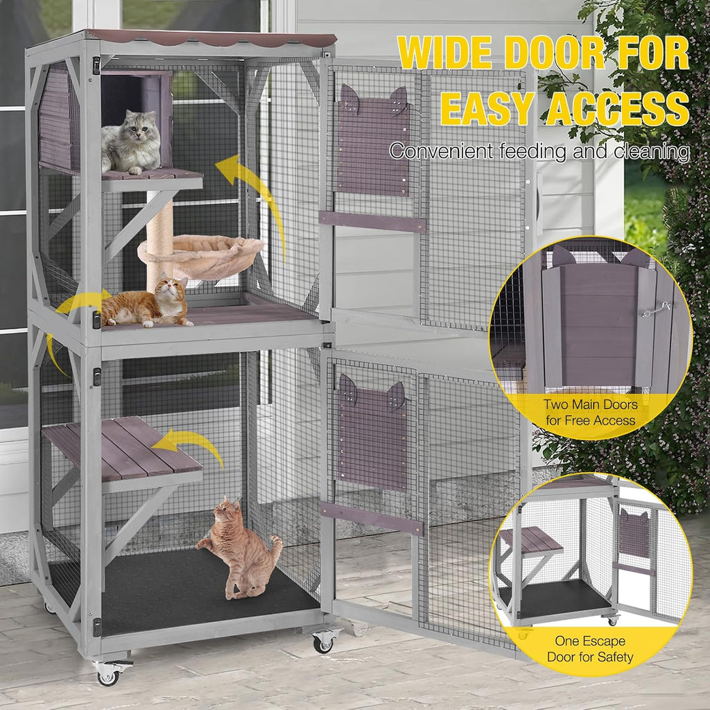 Catio Outdoor Cat Enclosure Wooden Cat Cage with Window Access Large Kitty House on Wheels 62.4'' Indoor Patio
