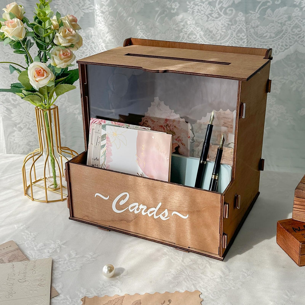 Brown Wooden Wedding Card Box with Flower Trough & Acrylic Board