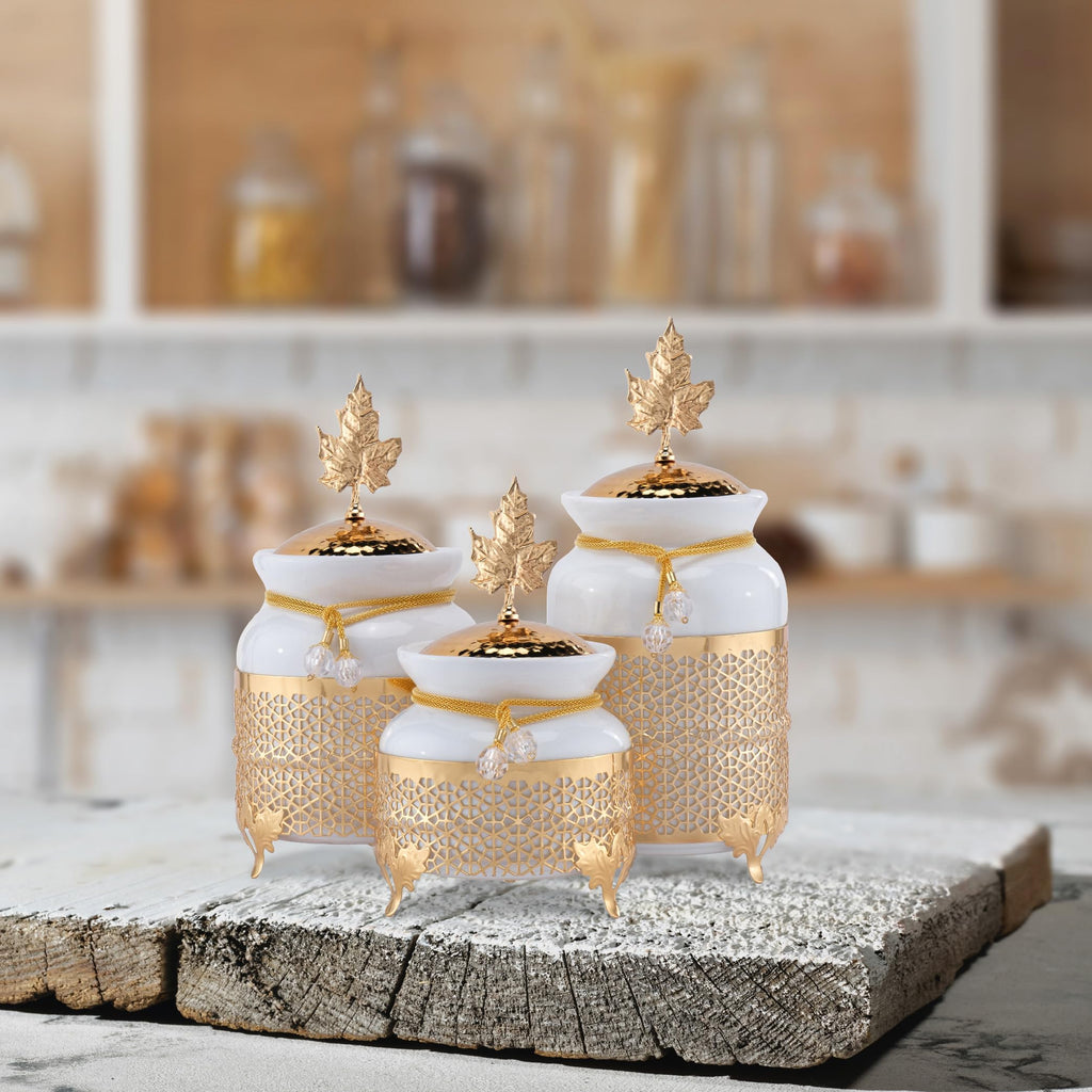 Canisters Sets for the Kitchen, Ceramic Kitchen Canisters for Countertop with Metal Leaf Lids, Sugar Containers for