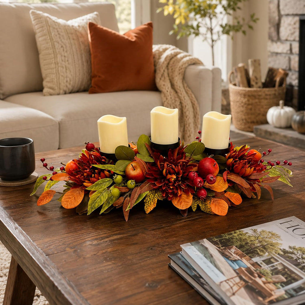 Inch Fall 3 Candle Holder with Faux Apples, Mums and Berries - Set of 3