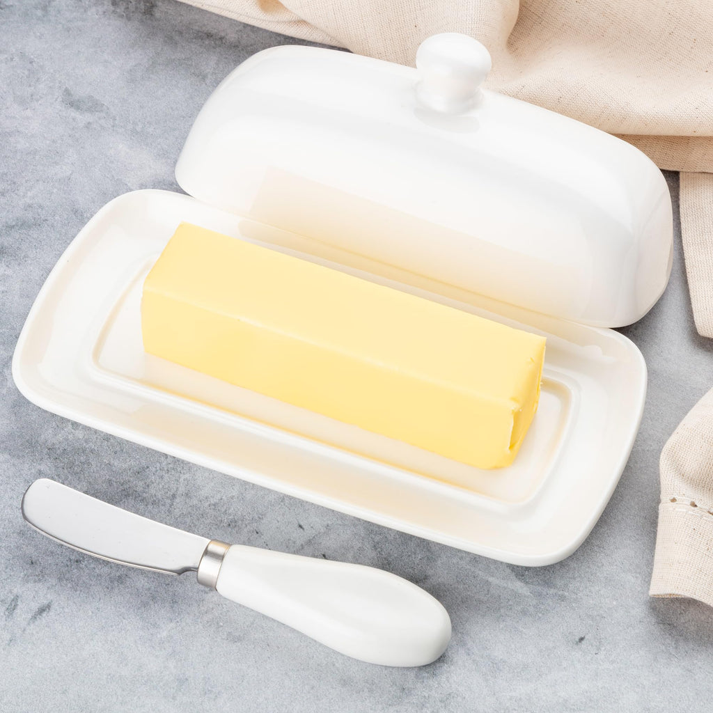 Ceramic Butter Dish with Lid For Countertop & Stainless Steel Knife - Keeps Butter Soft & Fresh - White Butter Dish