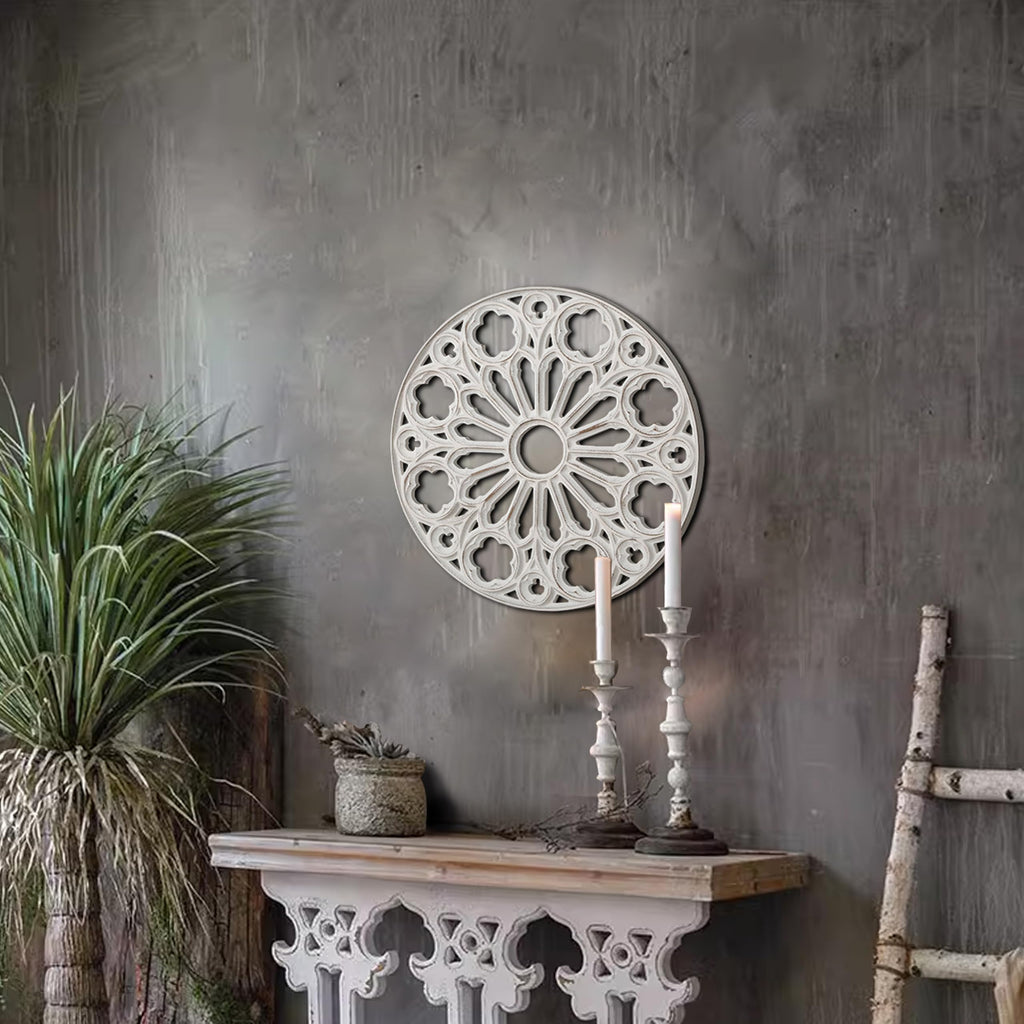 Round Hand-Carved Wood Wall Art, Floral Geometric Design, 16 Inch