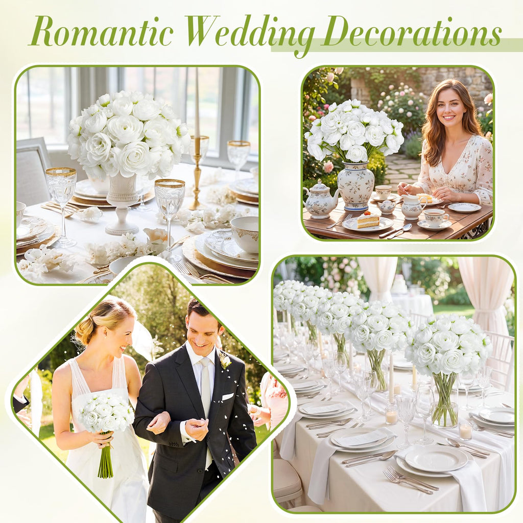 24 Pcs Ranunculus Artificial Flowers, Faux Silk Mini Peonies Bulk Flowers for Vase, White Fake Wedding Filler Flowers