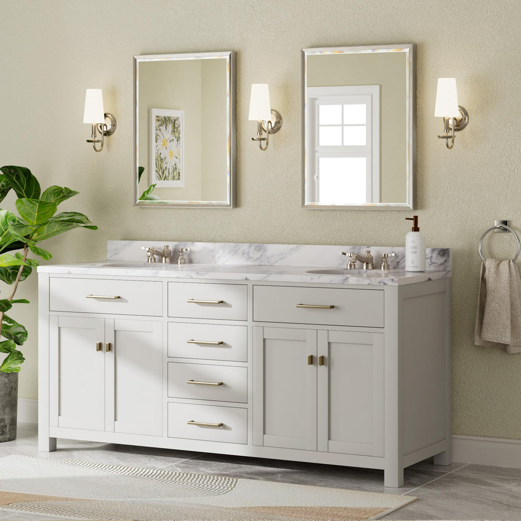 Brushed Nickel Bathroom Mirror, 24x32 Inch Beveled Framed Bathroom Mirror Anti-Rust, Brushed Nickel Metal Frame