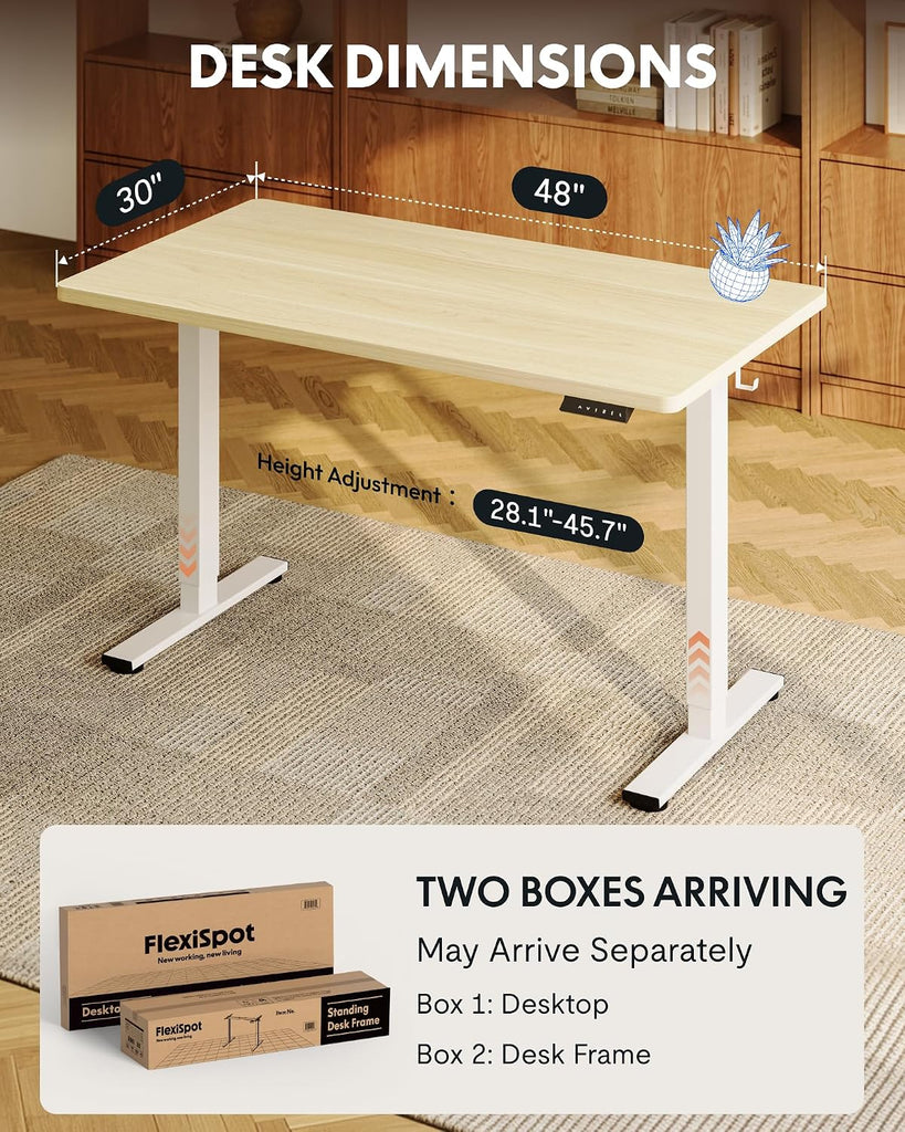 EN1 48"x30" One-Piece Standing Desk, White Wood Grain | 1" Thick Seamless Desktop, 176 LBS Capacity, Home Office Use