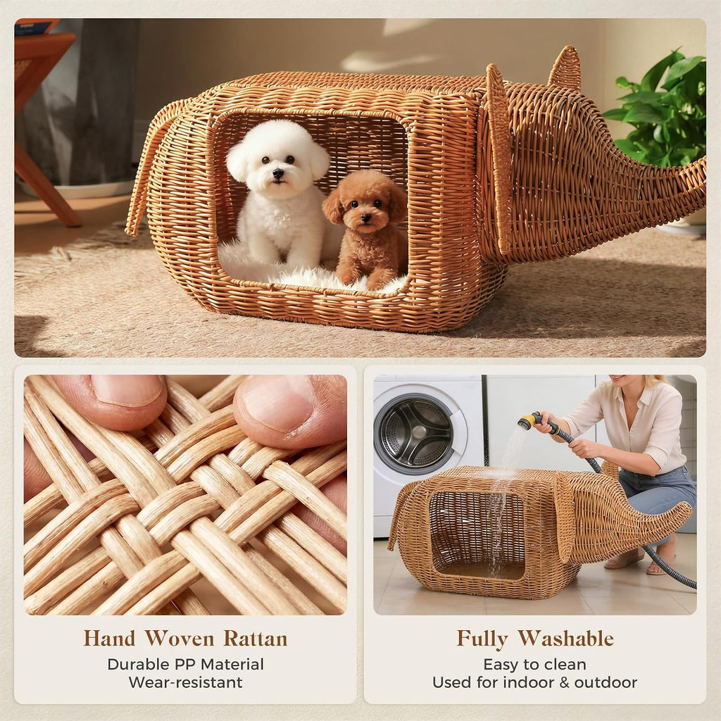 Elephant Shaped Rattan Cat Bed, Breathable Hand-Woven Wicker Cat Cave