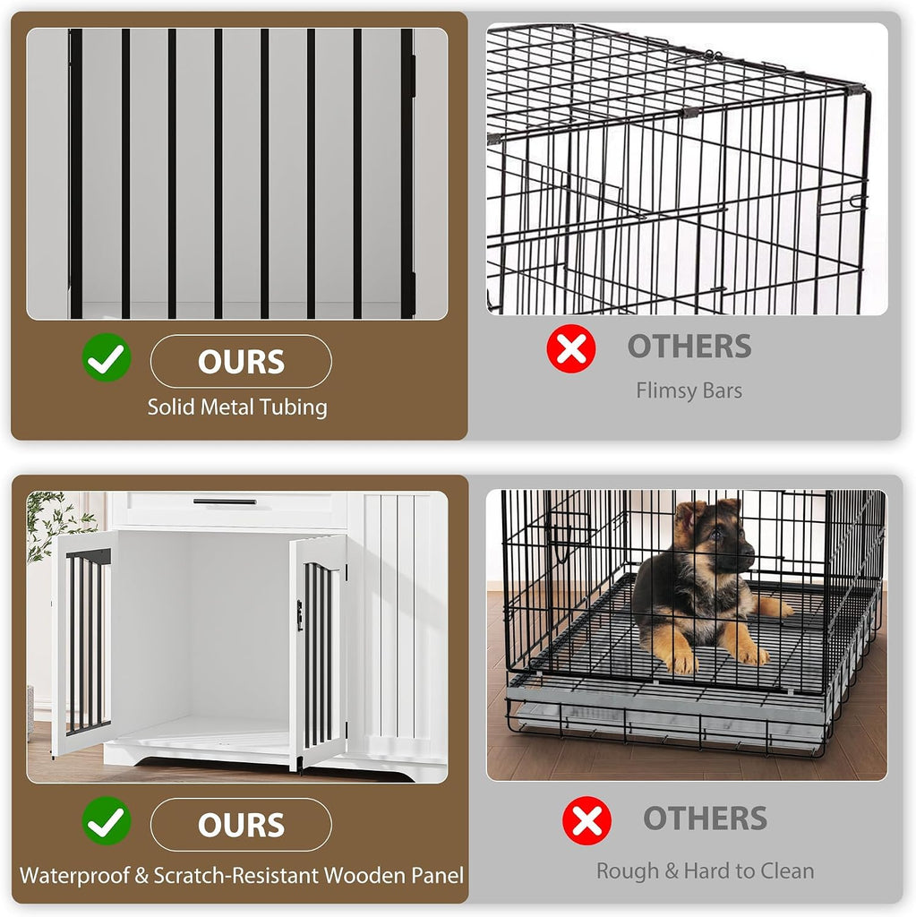 44 Inch Heavy Duty Wooden Dog Crate Furniture with Drawer & Side Storage - Indoor Dog Kennel Furniture with Double
