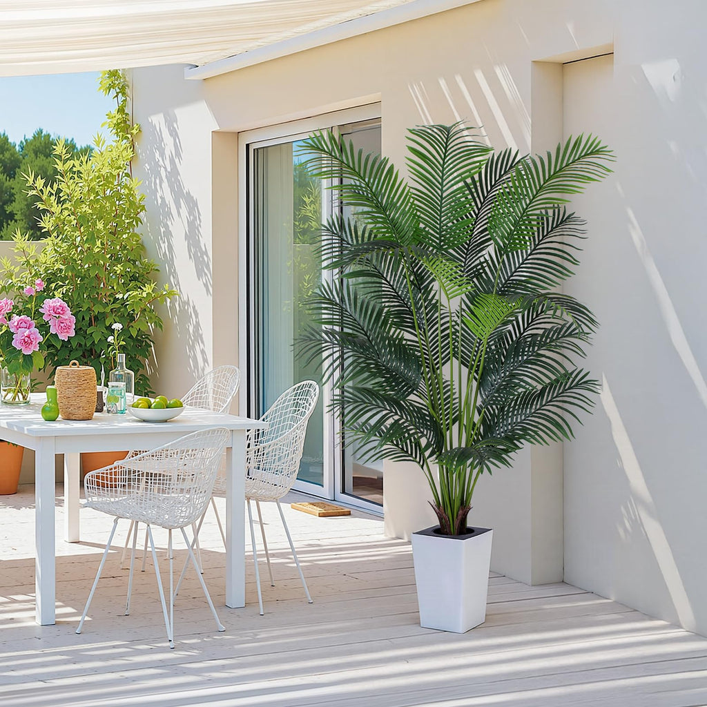 Artificial Palm Tree with White Tall Planter, 7ft Tall Potted Artificial Silk Palm Tree Plant, Fake Tropical Plant