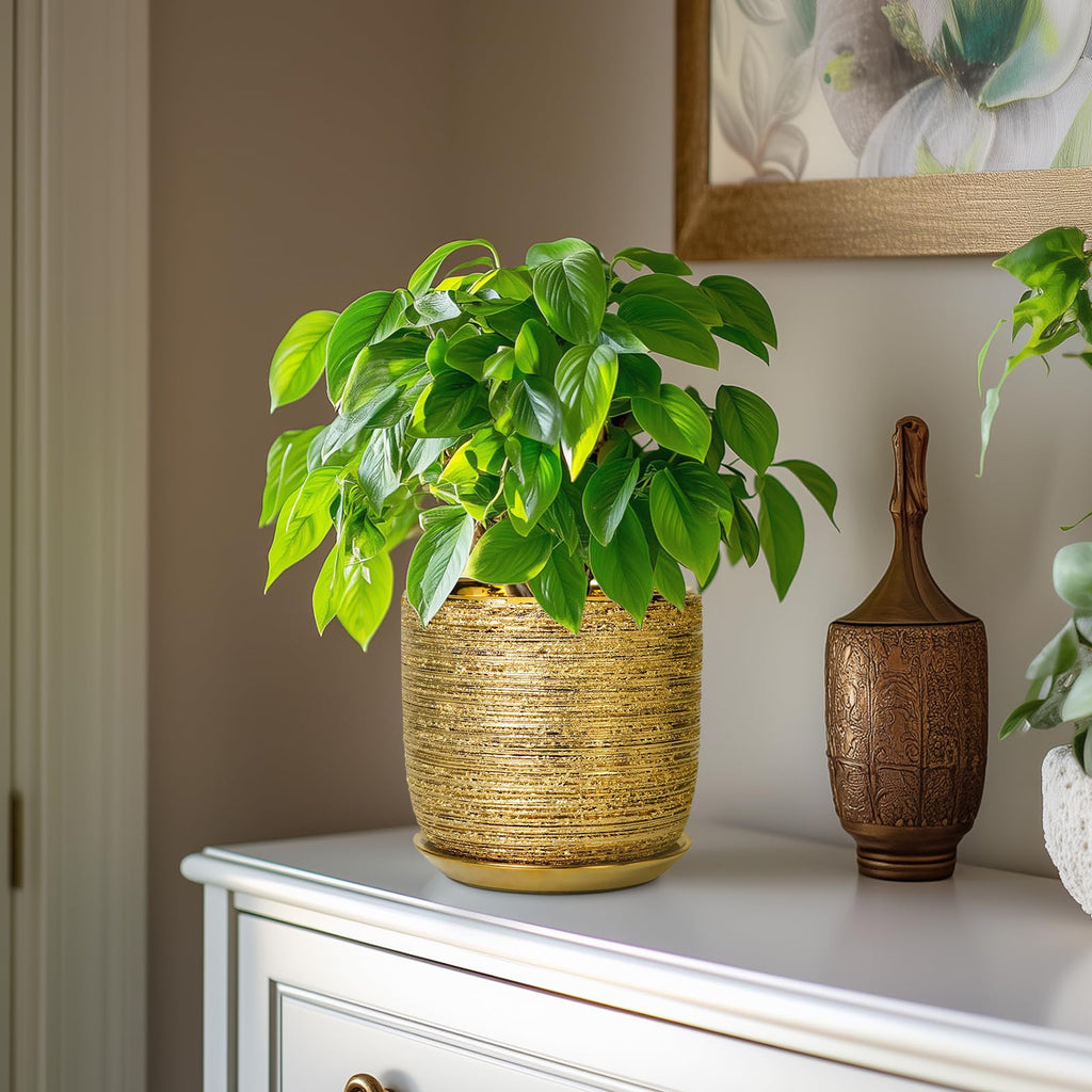 Ceramic Plant Pot 7 Inch, Ceramic Planter for Indoor Plants, Gold