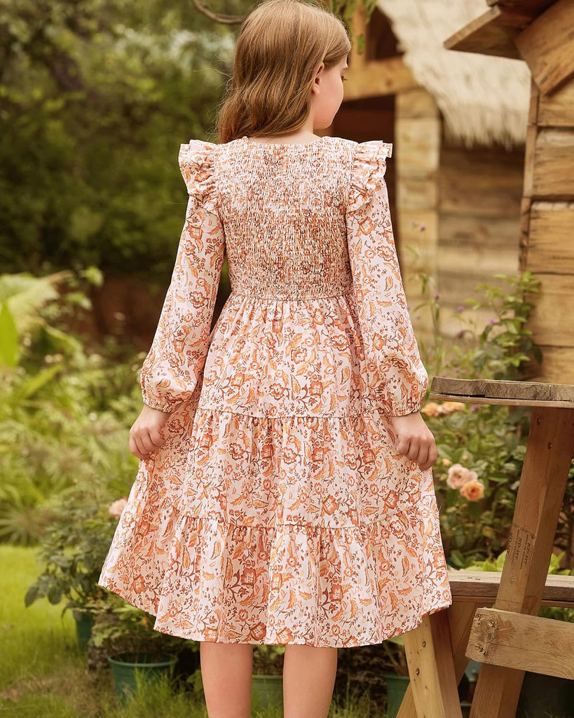 Girls Long Sleeve Fall Floral Dress Ruffle Round Neck Smocked Layered Hem