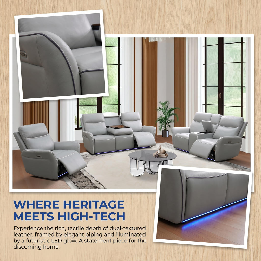 Leather Power Reclining Sectional Sofa with LED Lighting, Cup Holders and Storage, Light Grey