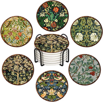 William Morris Vintage Floral Drink Coasters Set of 6, Round Absorbent Ceramic Coaster, with Metal Holder and Cork