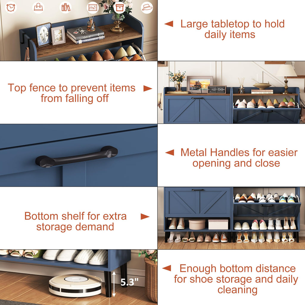 Shoe Storage Cabinet, Slim Shoe Organizer with Two Flip Drawers, Narrow Shoe Holder with Wood Legs, Farmhouse Hidden