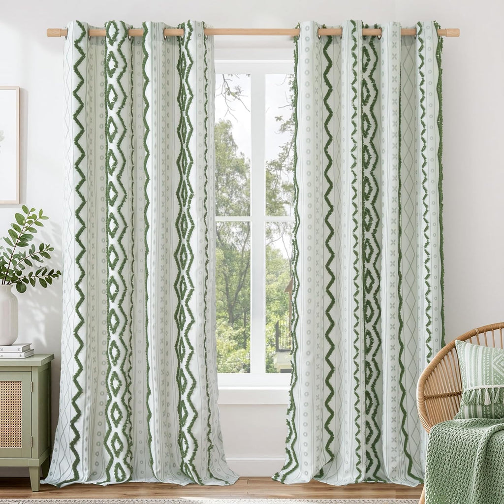 Green Boho Curtains with Tufted Pom Stripe Geometric, Linen Jacquard Pattern Drapes with Grommet for Living Room