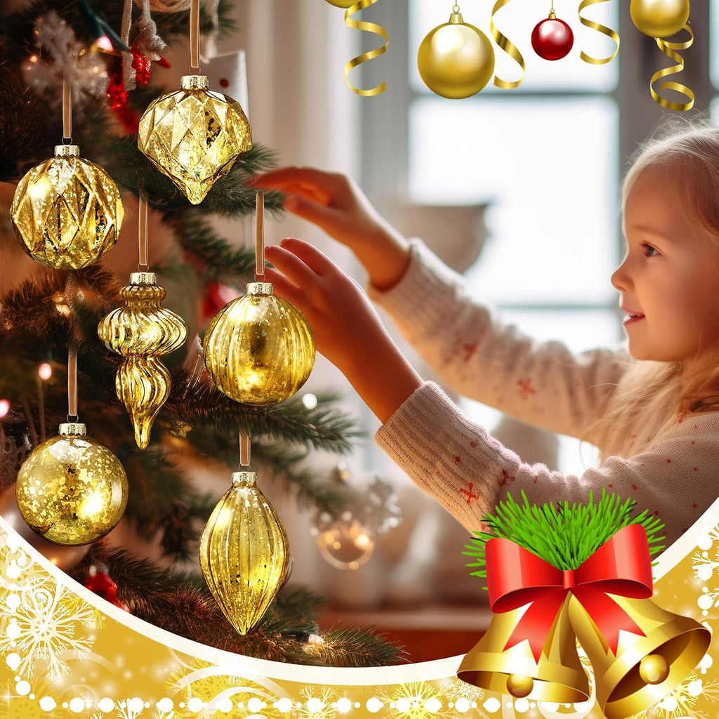 6 Pcs Gold Mercury Glass Christmas Ornaments Balls and Finials
