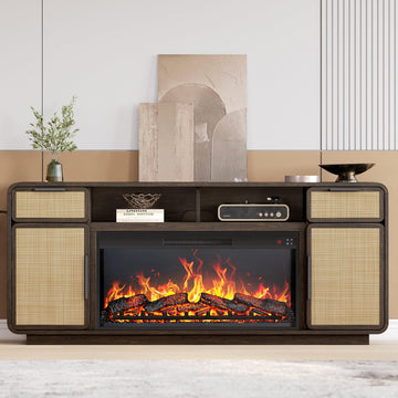 68" TV Stand for TV Up to 75", Boho Entertainment Center with 36" Electric Fireplace Heater with Sound, Rattan