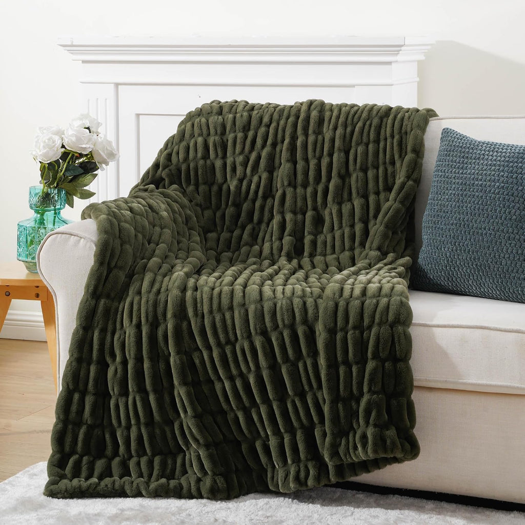 Super Soft Faux Fur Throw Blanket for Couch, 50"x60", Double Side | Olive Green Throw Blanket, Bubble Blanket, Cozy