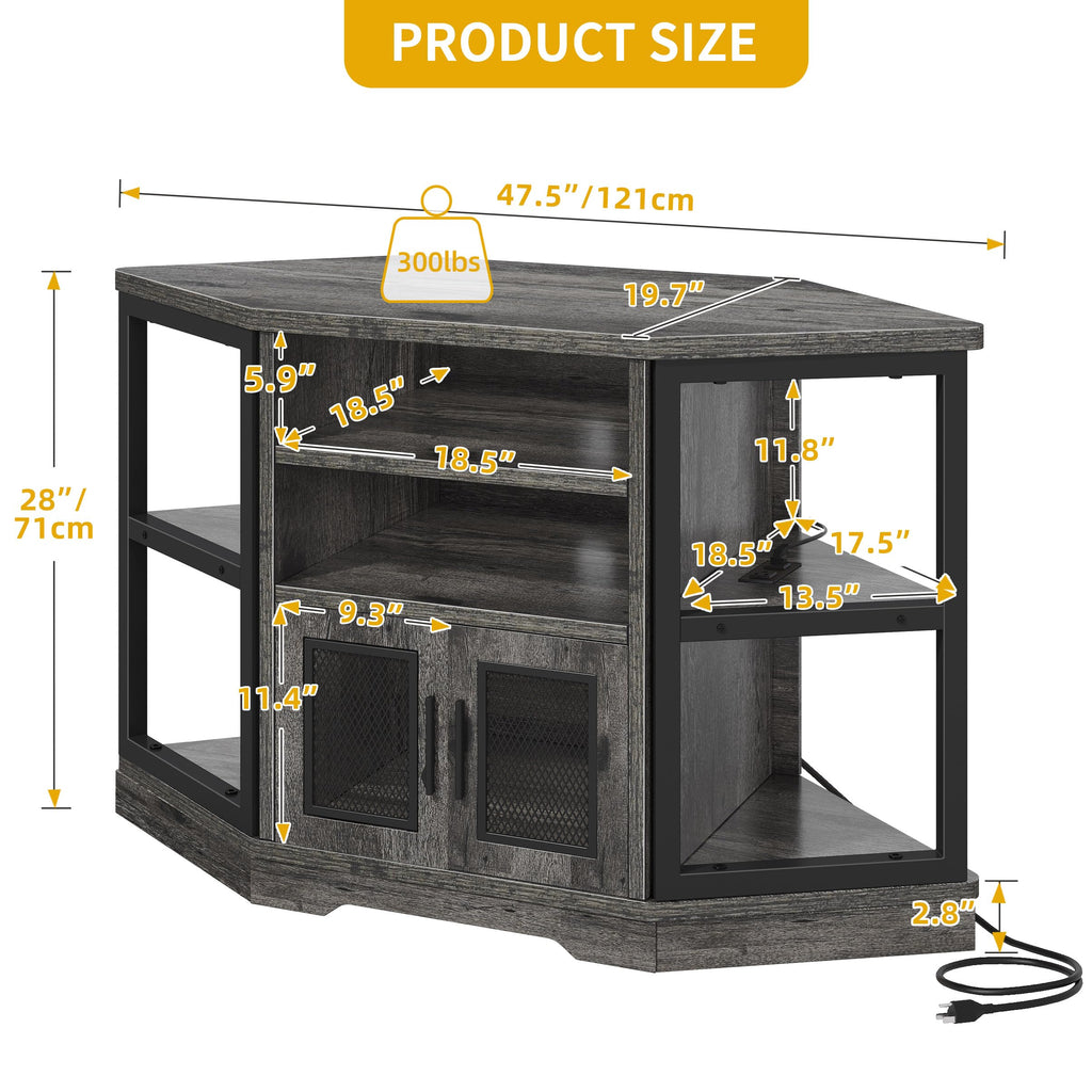 Grey Oak Corner TV Console, Mesh Cabinet, 2 AC + 2 USB
