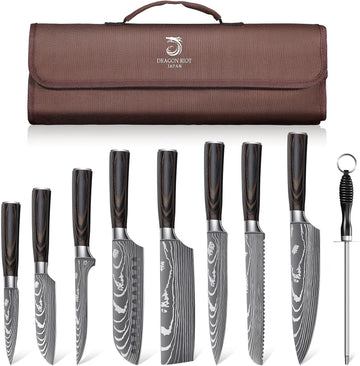 Damascus Kitchen Knife Set, Damascus Steel, Brown Handle | Stainless Steel, Damascus Pattern, Roll Bag, For Meat