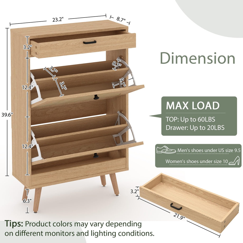 Natural Rattan Shoe Cabinet, 2 Flip Drawers with Top Drawer