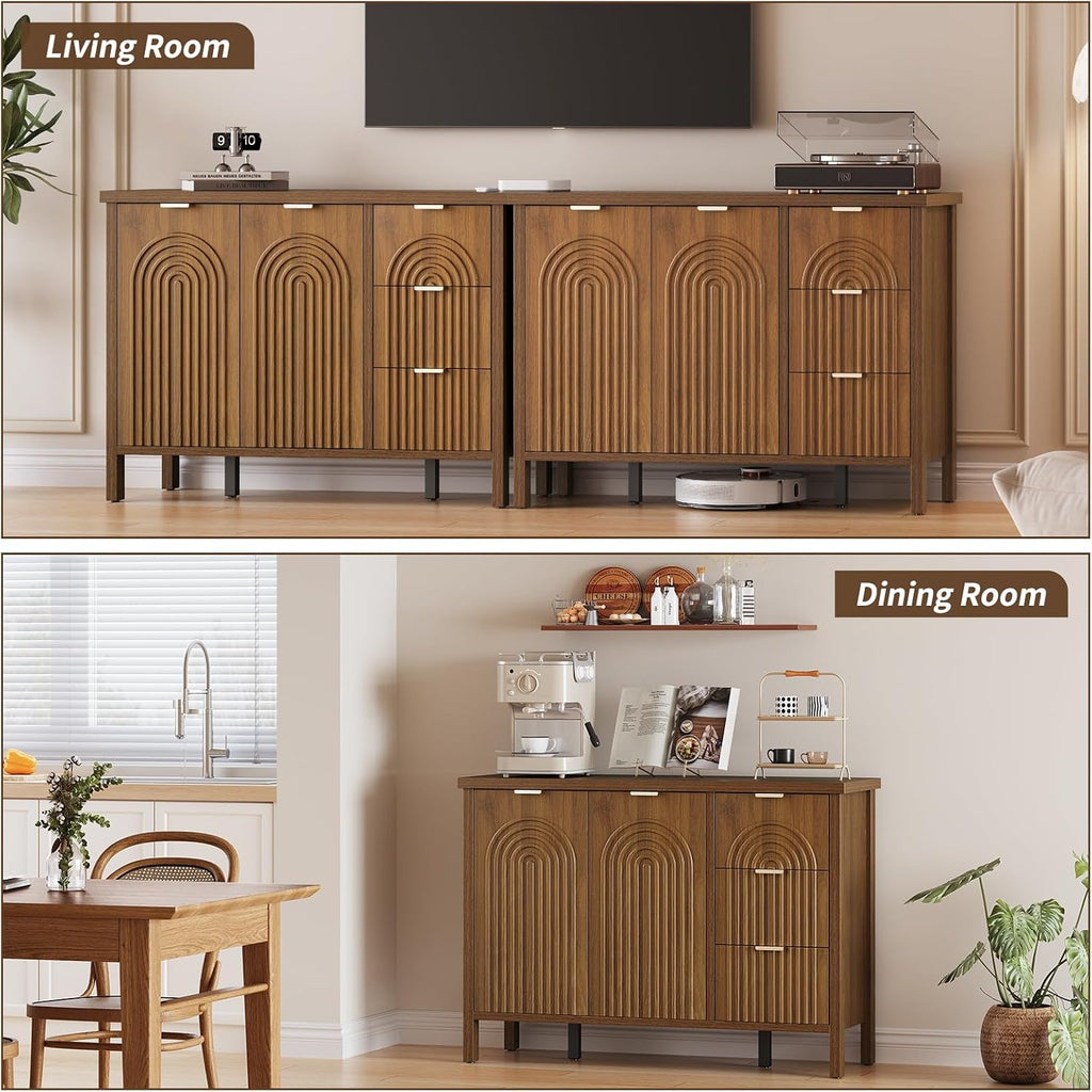 Sideboard Buffet Cabinet with Storage - Fluted Accent Coffee Bar Cabinets Kitchen Credenza with Drawers & Doors, Wood