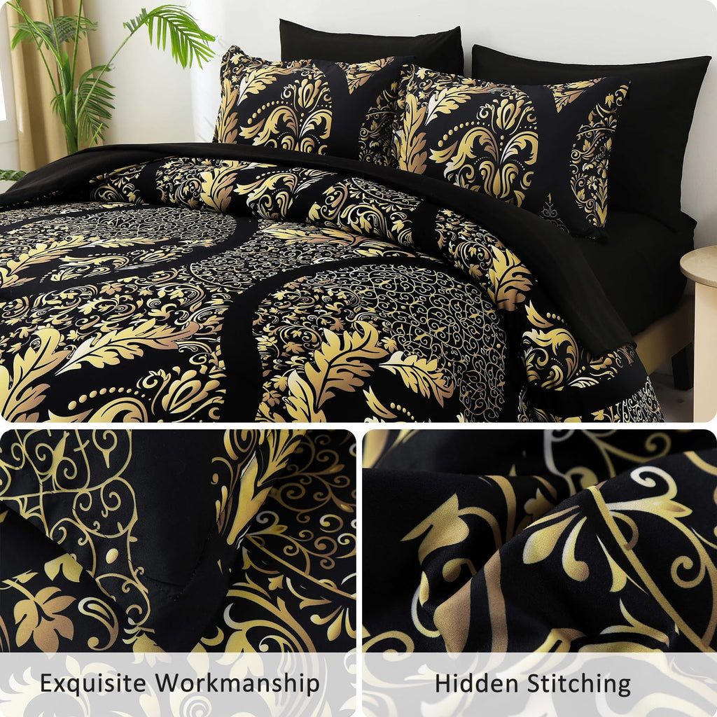 Black Gold Comforter Set King Size, 7 Pieces Bohemian Damask Comforter Set Soft Lightweight Microfiber Bedding Set