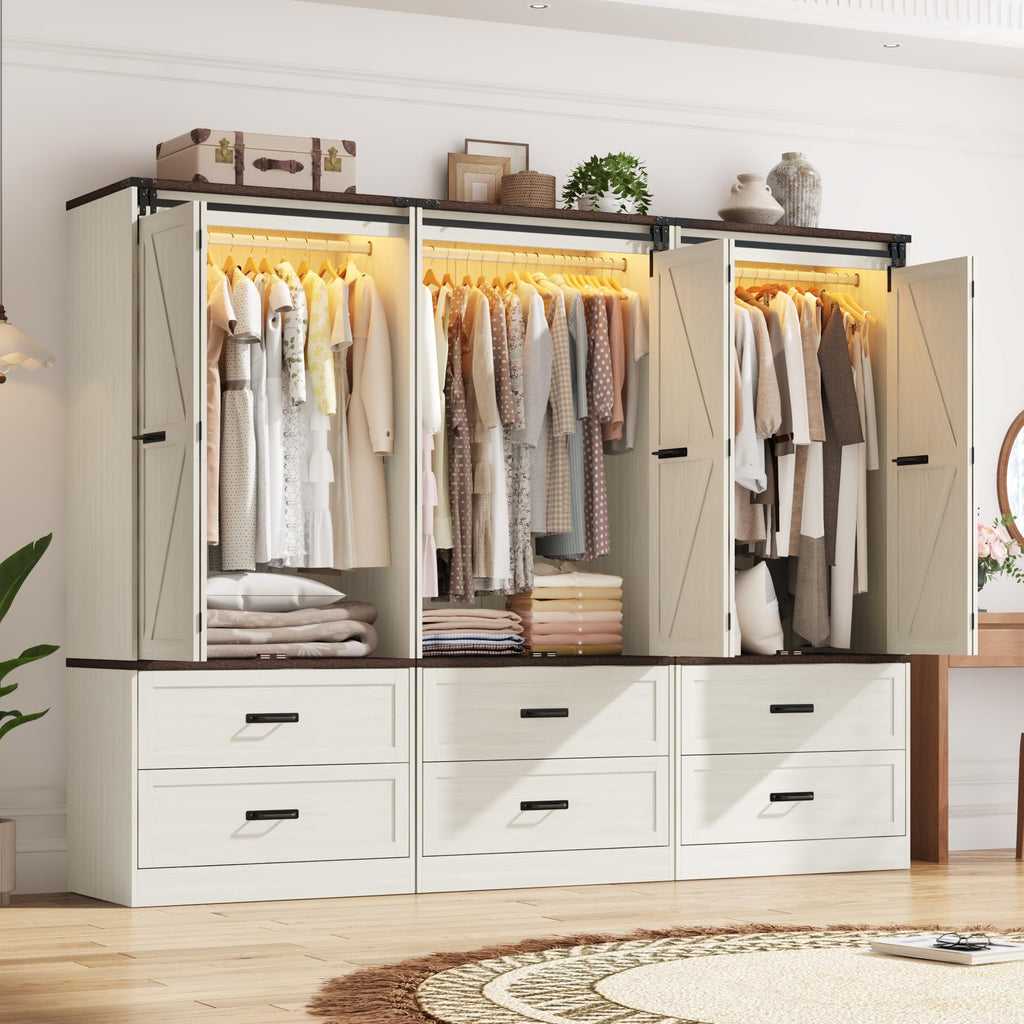 Farmhouse Wardrobe Armoire Closet with 6 Doors and 6 Drawers, Antique White