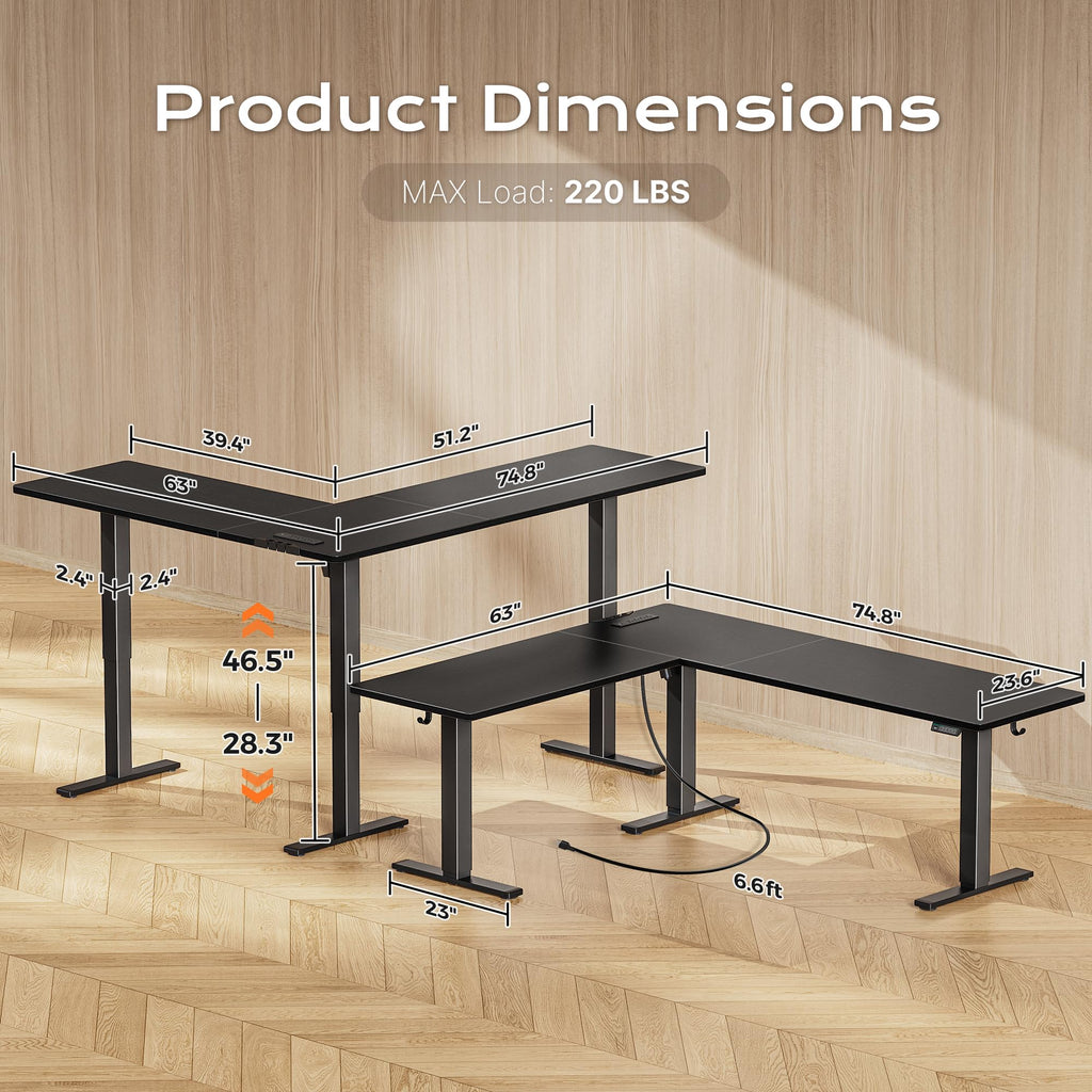 75 x 63 Inch L Shaped Standing Desk with Power Outlets