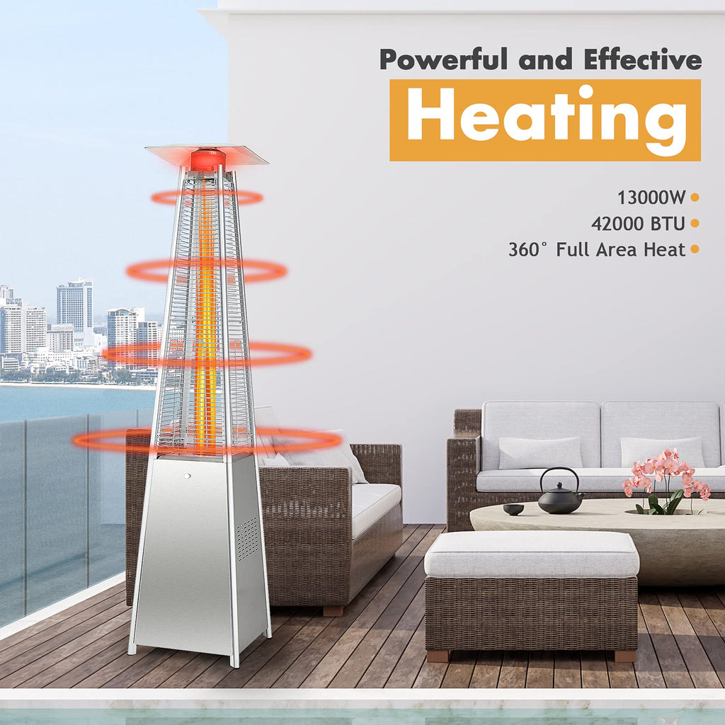 90-inch Outdoor Patio Heater, 42000 BTU Portable Outdoor Pyramid Propane Heater with Wheels, Quartz Glass Tube, Auto
